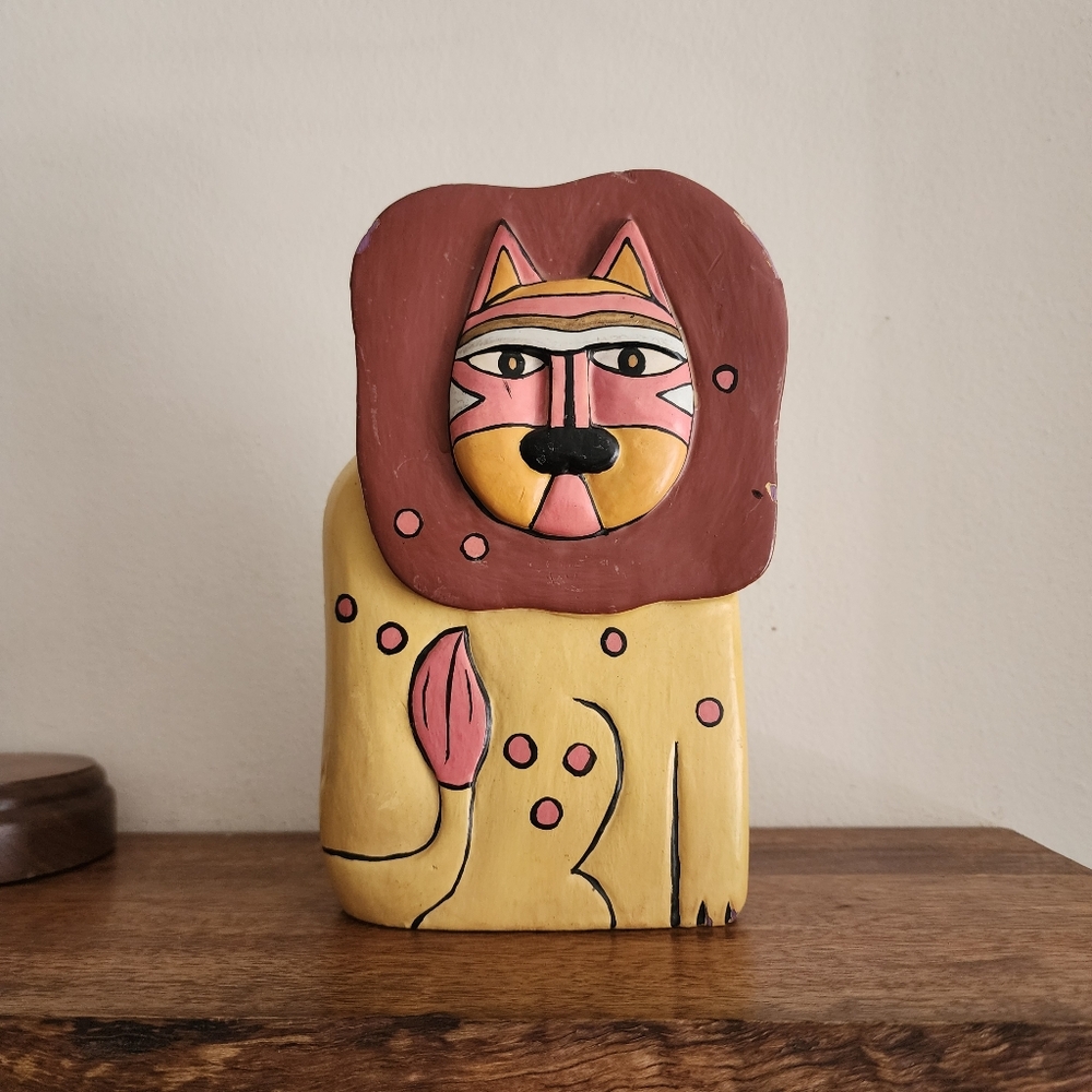 Vintage 80's Laurel Burch Folk Art Carved Lion Figurine
